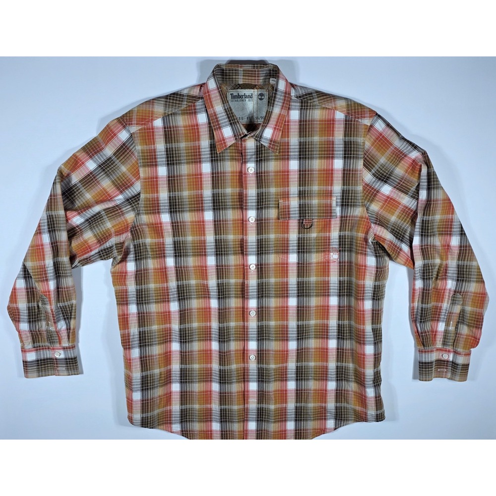 Timberland Earthkeepers Mens XL Loose Fit Plaid Button Down Shirt Brown Orange